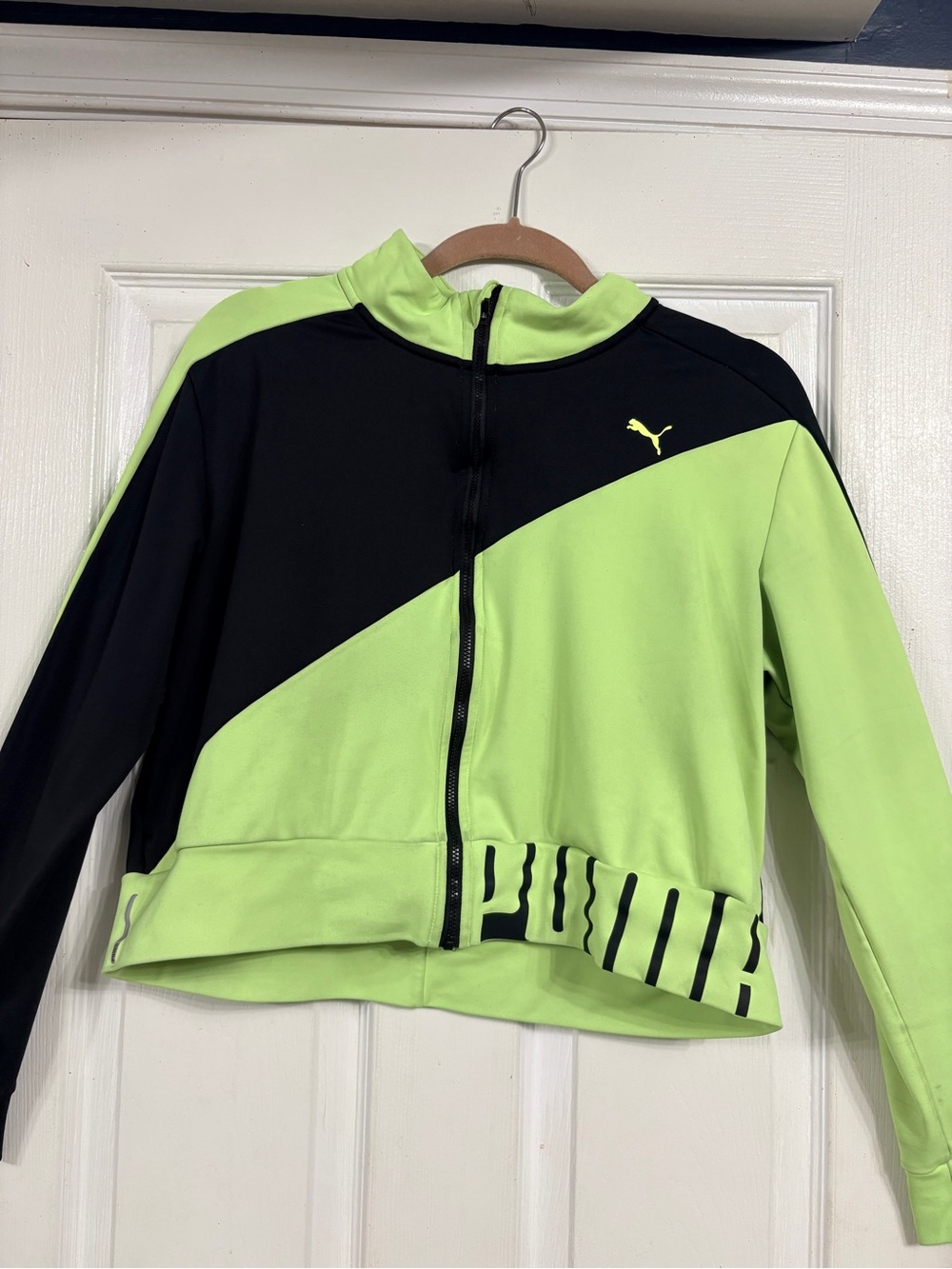 Puma Black and Neon Green Diagonal Zip Jacket
